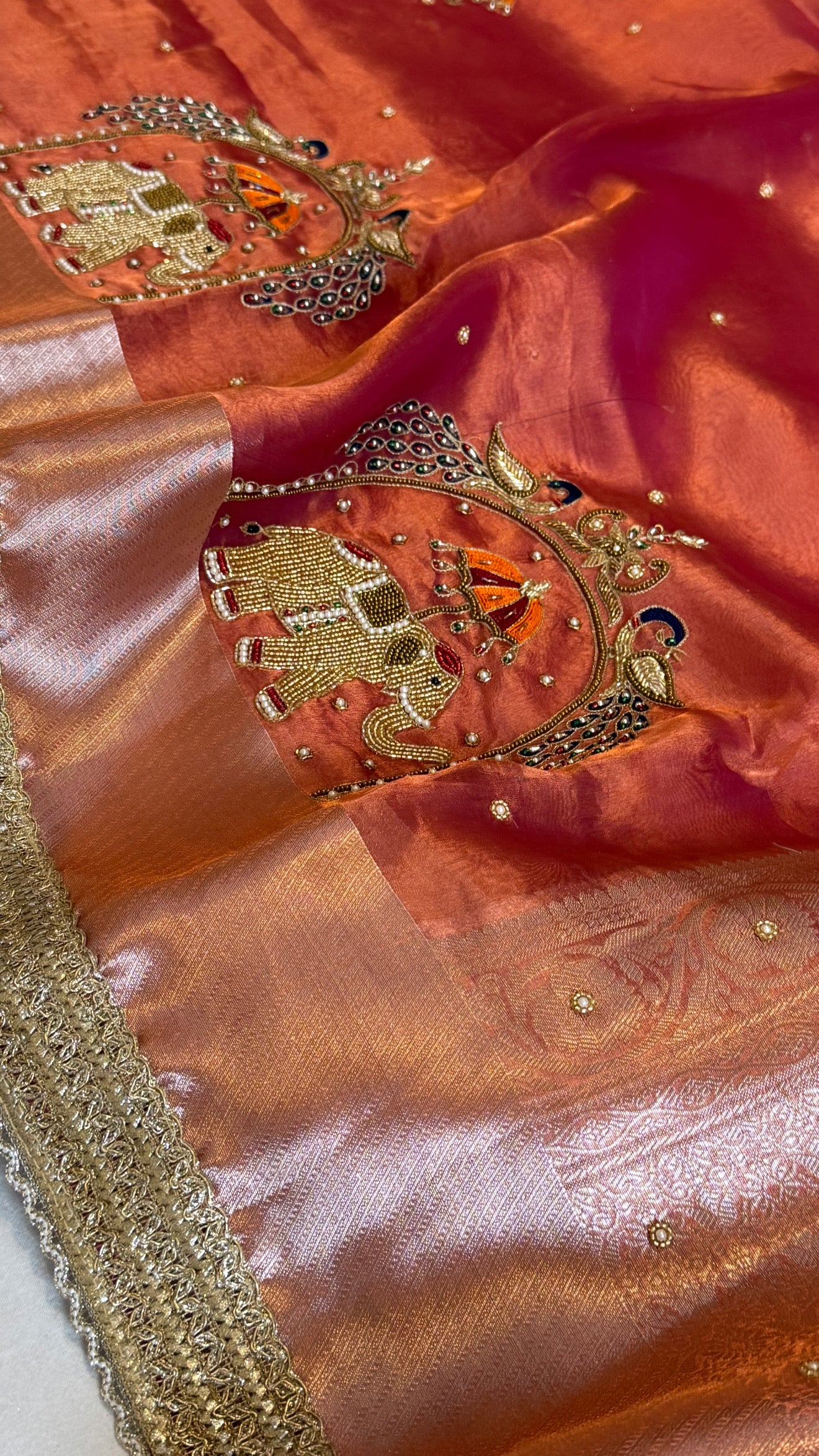 Hathi , ghoda aur palki wali saree - Husn tissue silk hand embroidered saree